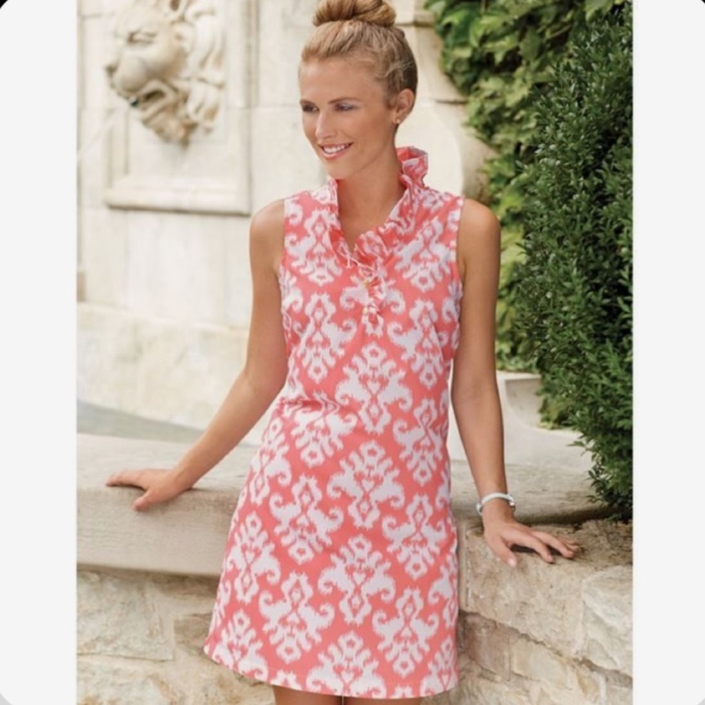 Mud Pie Coral Ikat Sleeveless Dress. Ruffle Collar with Buttons.